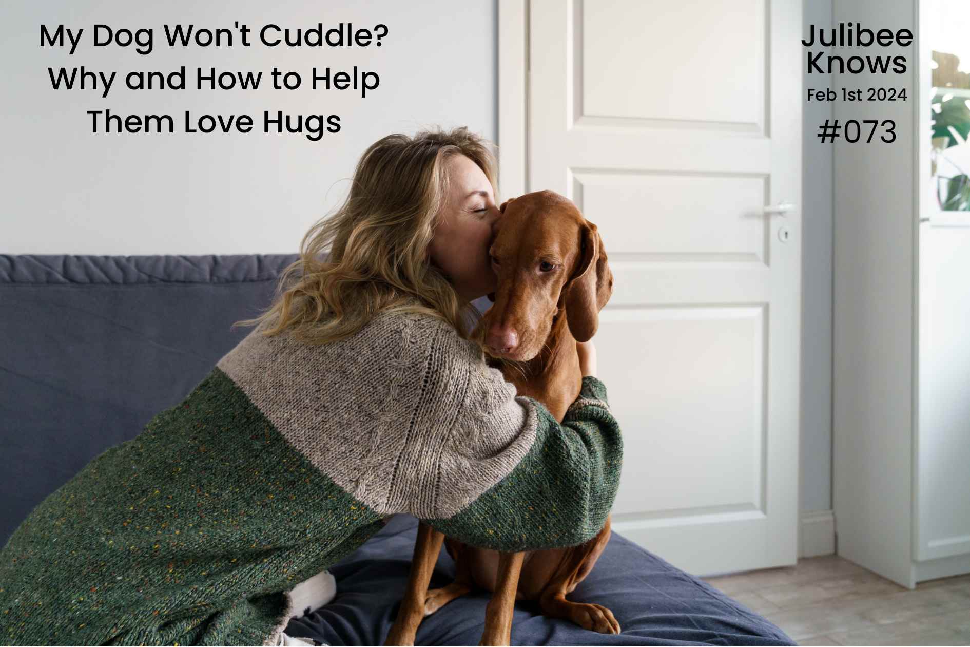 Woman cuddling brown dog, demonstrating ways to help dogs enjoy hugs from Julibee's pet care guide.