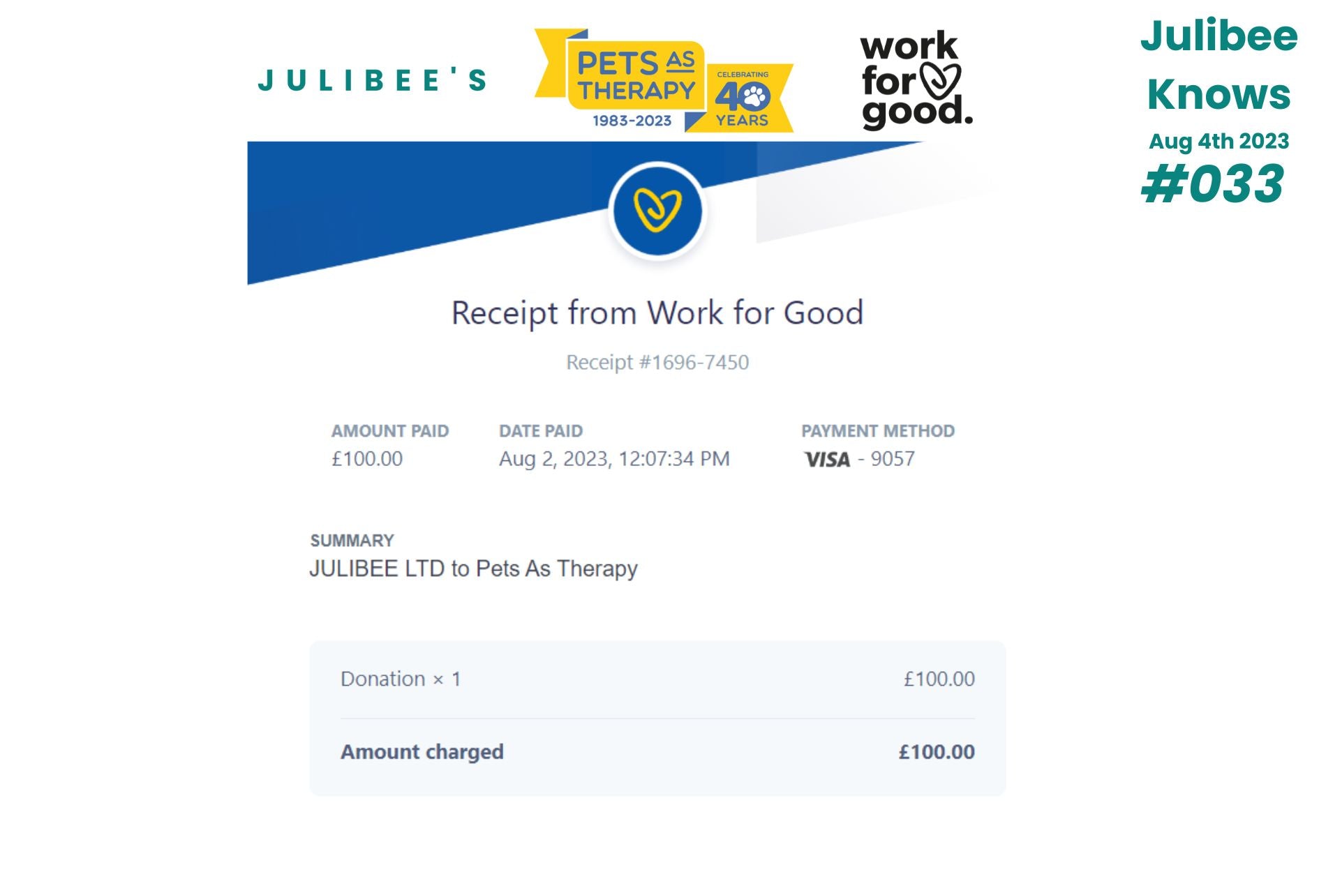 Julibee's £100 donation receipt to Pets As Therapy charity