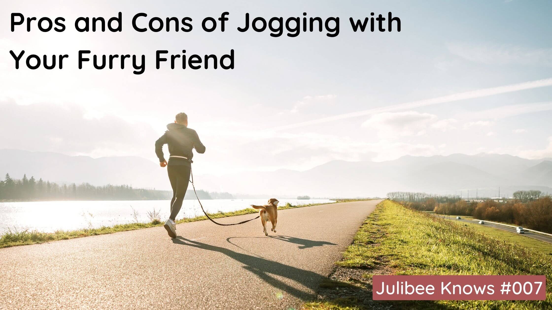 Man jogging with dog on leash along scenic lakeside path - Julibee's pet exercise guide