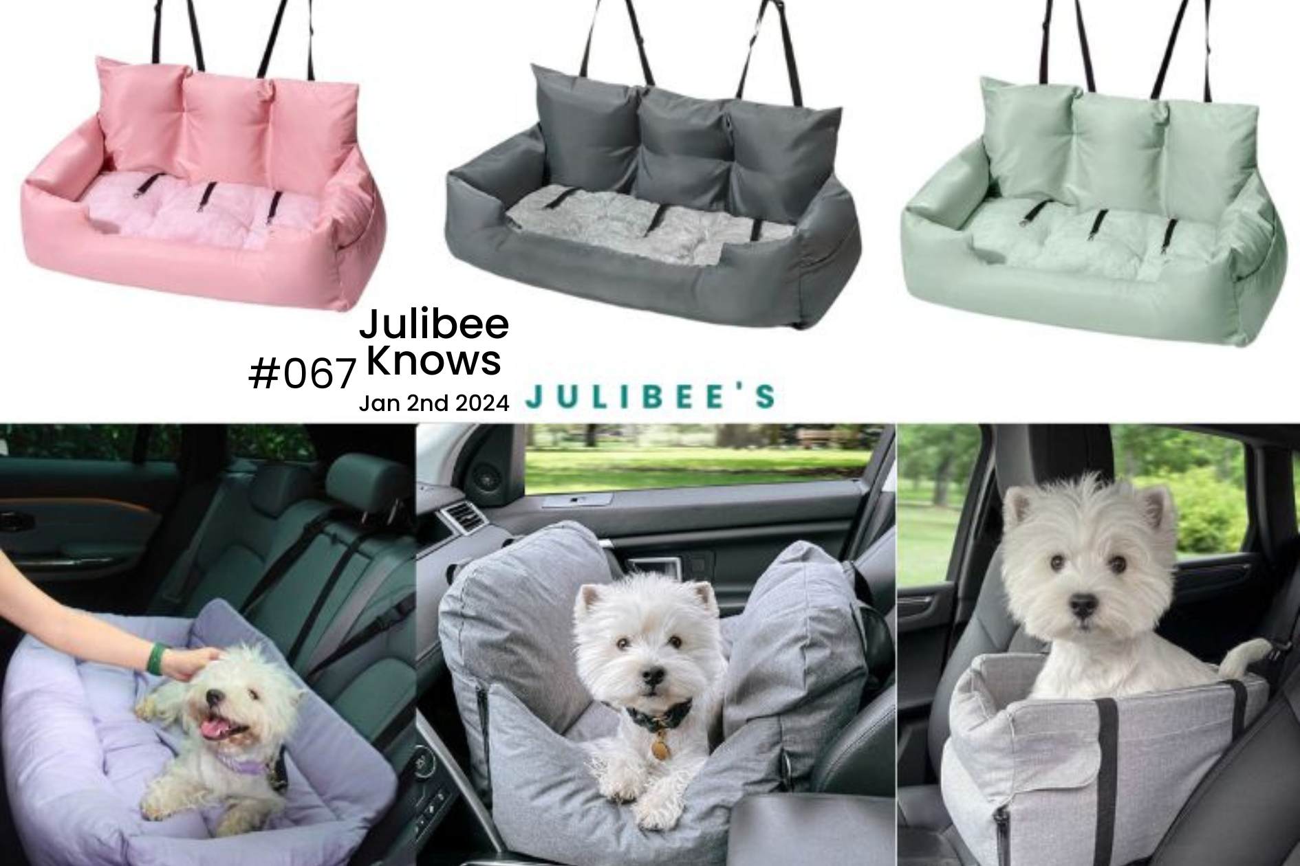 Dog car seats in pink, gray, green; small white dog using car seat, best for large dogs' road trips