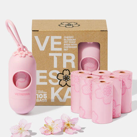 Vetreska Scented Poop Bag Dispensers and Bags| Flora & Cherry Blossom & Strawberry Cherry blossom 1 dispenser + 7 rolls