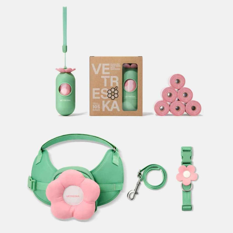 Vetreska Flora Dog Harness with backpack & Collar & Lead 3-in-One Set Super Save Bundles (with poop bags)