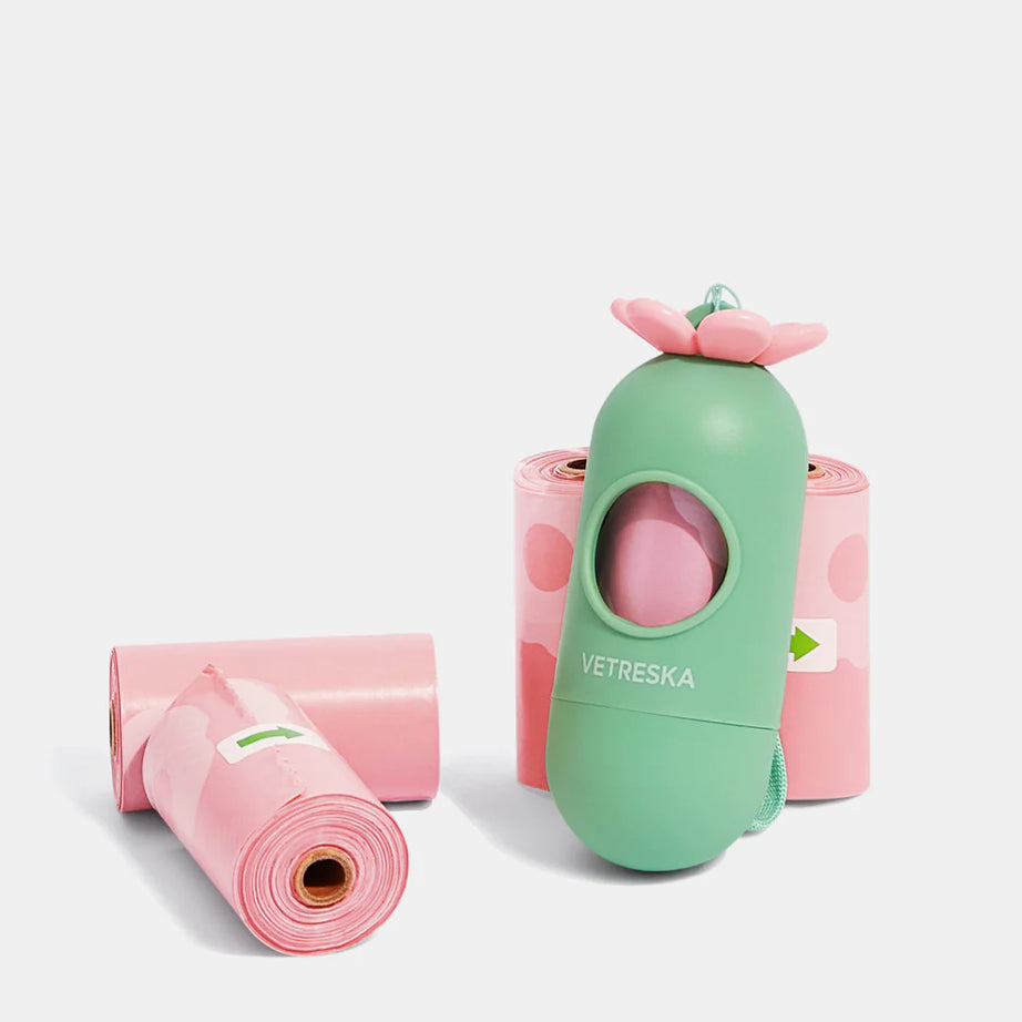 Vetreska Scented Poop Bag Dispensers and Bags| Flora & Cherry Blossom & Strawberry Flora 1 dispenser + 7 rolls