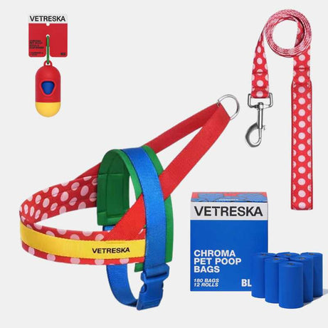 Vetreska Chroma Dog Harness Walking Sets Red Supersave Bundle (+poop bags&holder)