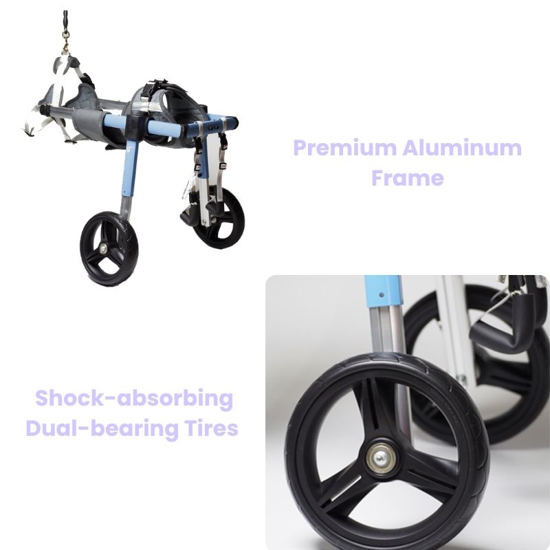 OmniStep Modular Rear & Full Support Dog Wheelchair featuring premium aluminum frame and shock-absorbing dual-bearing tires for enhanced pet mobility.