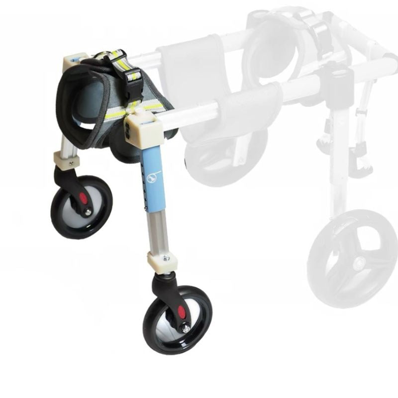 Julibee's OmniStep modular rear support dog wheelchair with black wheels and blue accents