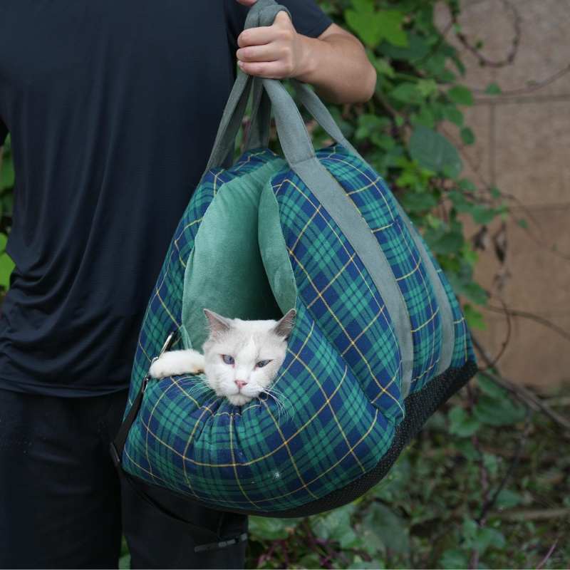 Tartan Pet Car Seat - Green blue tartan pet carrier with cat inside, safe comfortable travel for pets by Julibee's