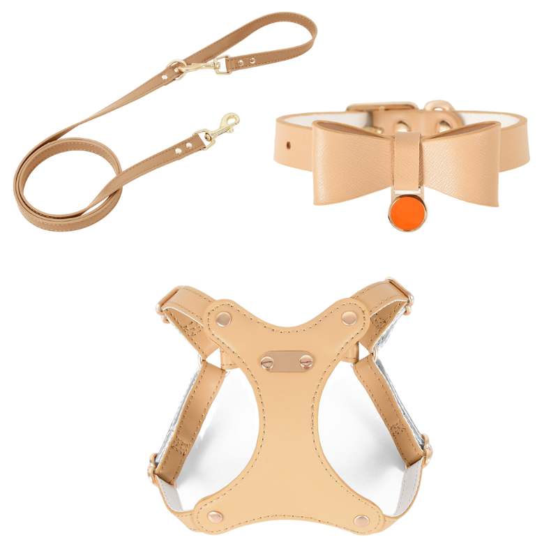 Bowtie Leather Cat Walking Kit (ID Tag included) Almond