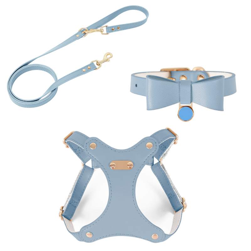 Bowtie Leather Cat Walking Kit (ID Tag included) Blue