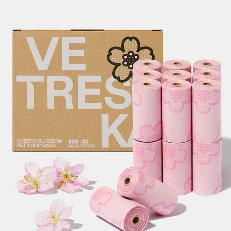 Vetreska Scented Poop Bag Dispensers and Bags| Flora & Cherry Blossom & Strawberry Cherry blossom 20 rolls