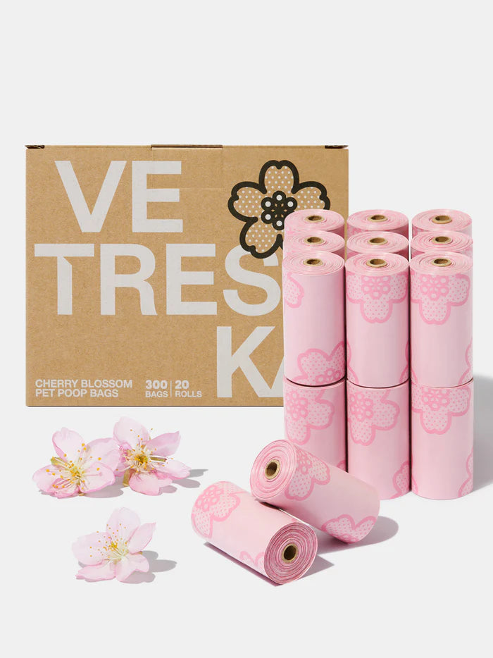 Vetreska Scented Poop Bag Dispensers and Bags| Flora & Cherry Blossom & Strawberry Cherry blossom 20 rolls