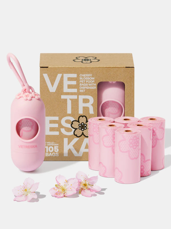 Vetreska Scented Poop Bag Dispensers and Bags| Flora & Cherry Blossom & Strawberry Cherry blossom 1 dispenser + 7 rolls