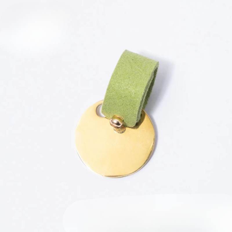Green custom suede pet ID tag with gold disc | Julibee's