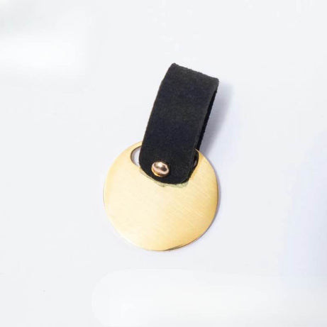 Black custom suede pet ID tag, soft leather strap with metal snap closure.