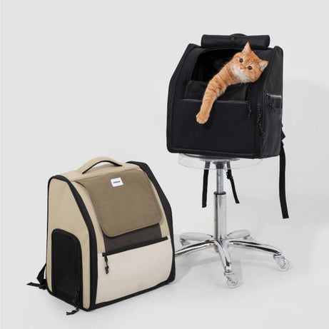 FirstClass Pet Carrier Bags in beige & black, cat peeking out for travel visibility