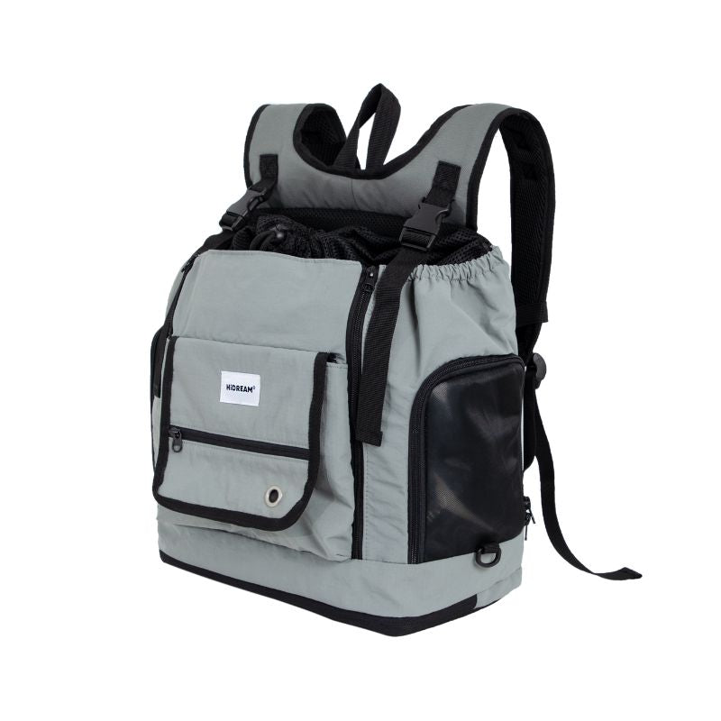 Gray and black urbanTrail multifunctional pet front carrier backpack with multiple pockets for safe, comfortable dog travel.