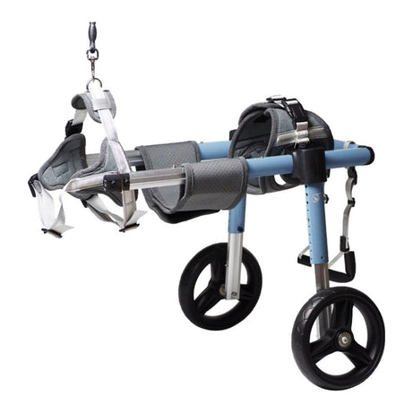 OmniStep Modular Rear & Full Support Dog Wheelchair with blue metal frame, gray padded supports, black wheels, and adjustable straps for pet mobility assistance.