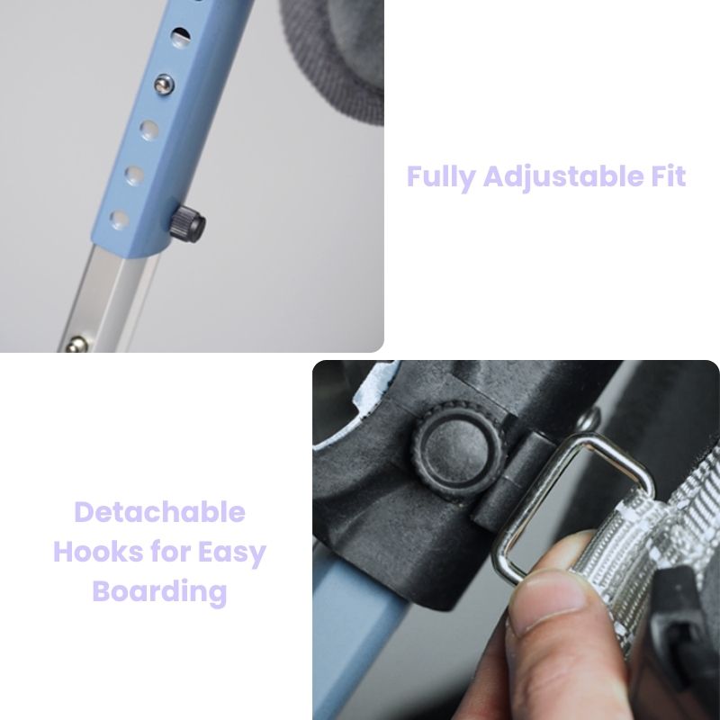 Julibee's OmniStep dog wheelchair with adjustable blue frame and detachable hooks