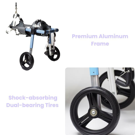 OmniStep Modular Rear & Full Support Dog Wheelchair featuring premium aluminum frame and shock-absorbing dual-bearing tires for enhanced pet mobility.