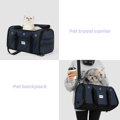 Foldable pet airline travel carrier with cat inside, portable pet backpack for dogs and cats, airline-approved pet transpo...
