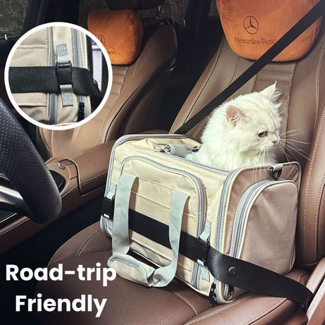 Traveler Expandable Pet Carrier Bag - Air Approved: Cat in expandable pet carrier on car seat with secure strap, road-trip...