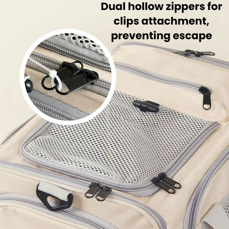 Traveler Expandable Pet Carrier Bag - Air Approved with dual hollow zippers for clips attachment, preventing escape