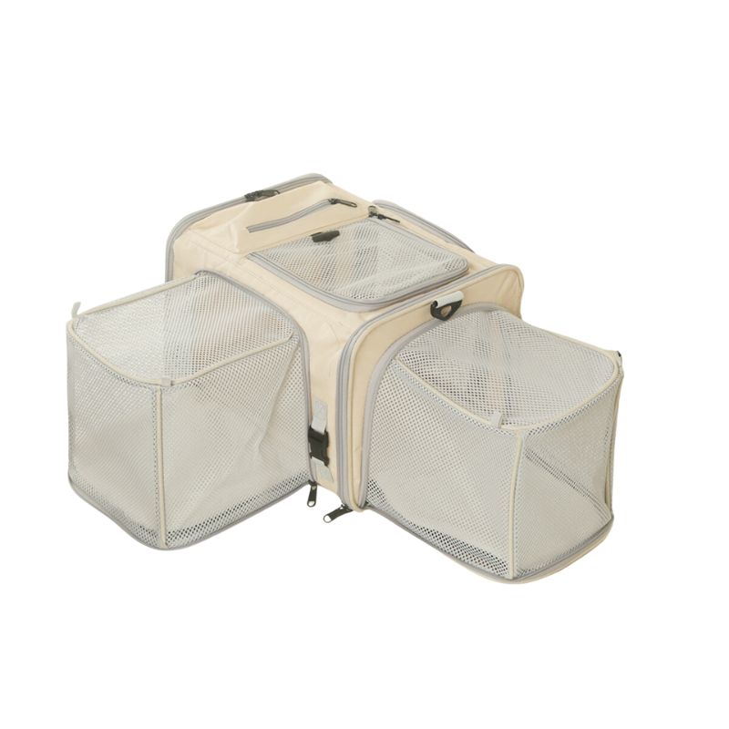 Traveler Expandable Pet Carrier Bag - Air Approved, beige with mesh sides, expandable design for pet travel.