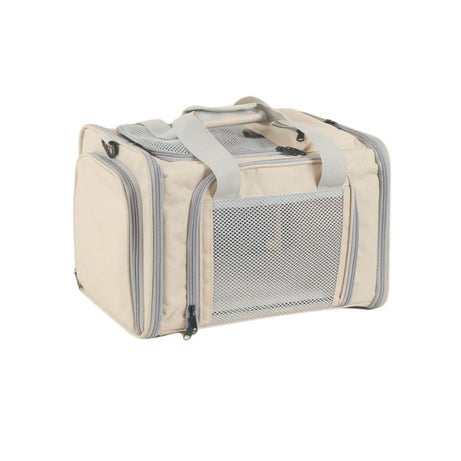Beige Traveler Expandable Pet Carrier Bag, air approved, with mesh front, zippers, and handles for safe pet travel.