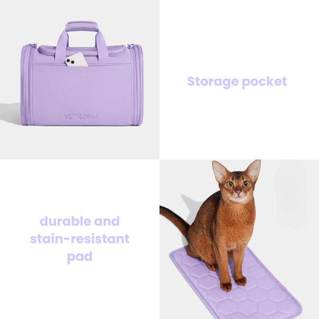 Vetreska Expandable Violet Pet Carrier Bag with storage pocket and durable stain-resistant pad for cats