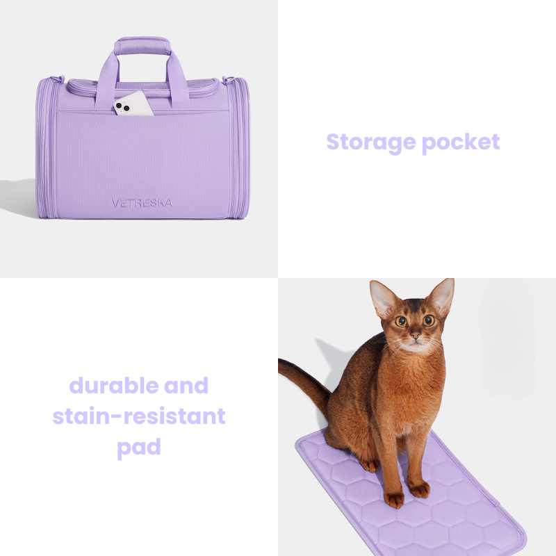 Vetreska Expandable Violet Pet Carrier Bag with storage pocket and durable stain-resistant pad for cats