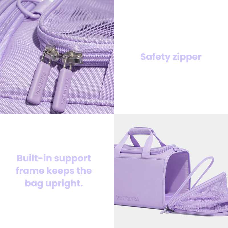 Vetreska Expandable Violet Pet Carrier Bag with safety zipper and built-in support frame for comfortable pet travel.