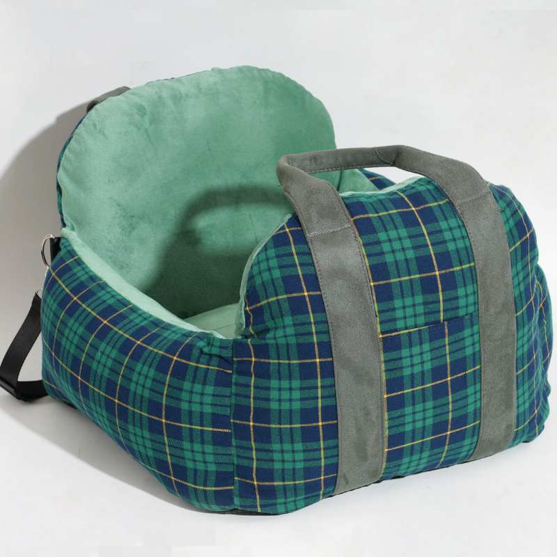 Tartan Plaid Pet Car Seat - Green Blue Pattern, Soft Lined, Portable Dog Travel Booster for Safety