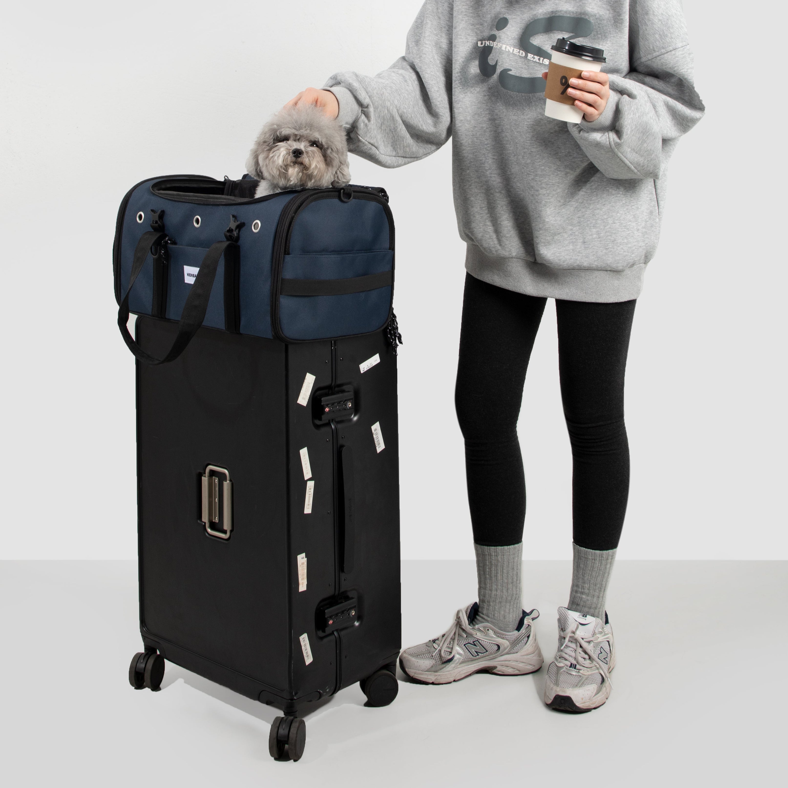 UrbanTrail foldable pet airline travel carrier with dog, mounted on luggage for hassle-free travel.
