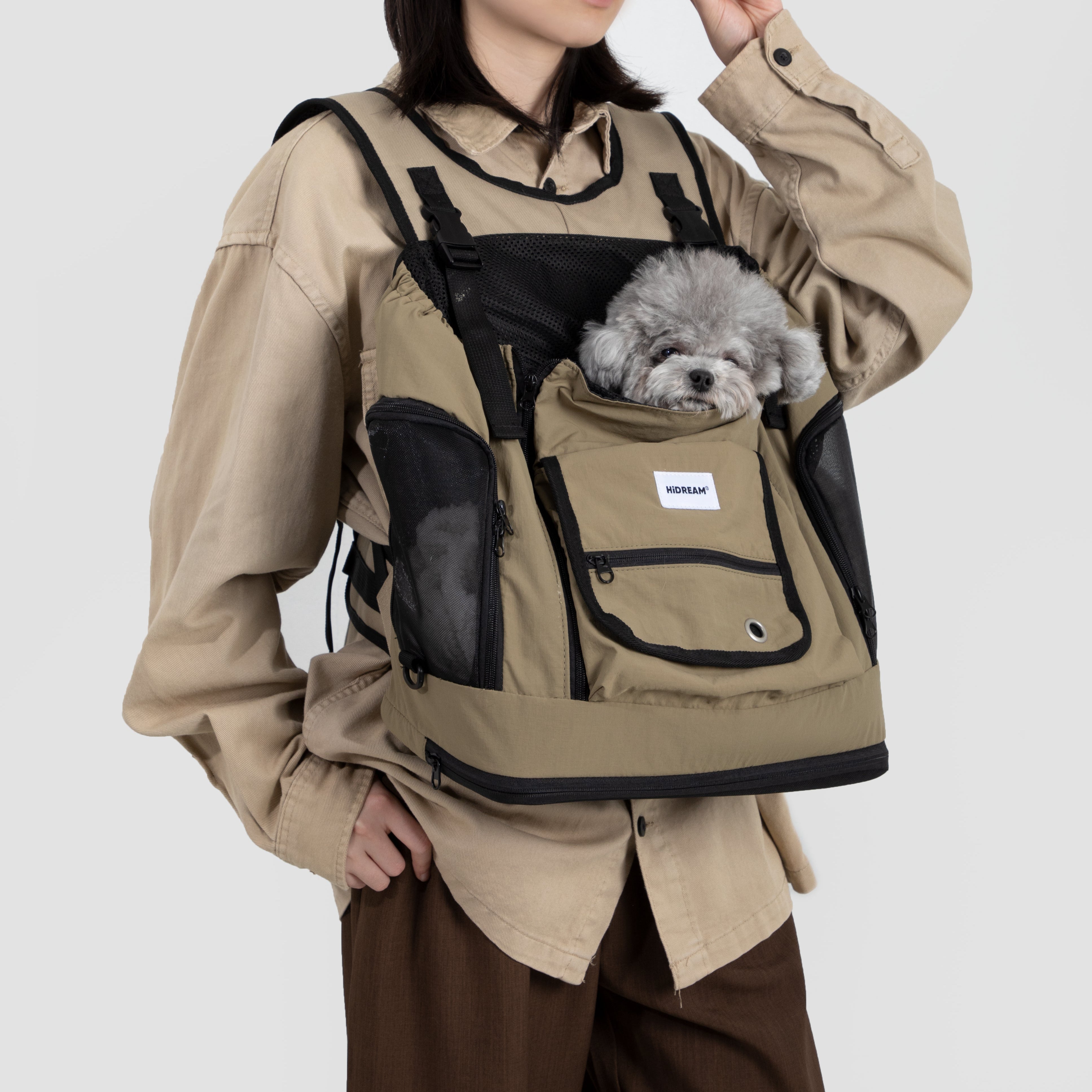 urbanTrail Multifuncational Pet Front Carrier Bag - Person Wearing with Small Dog Inside, Comfortable & Secure for Walking...